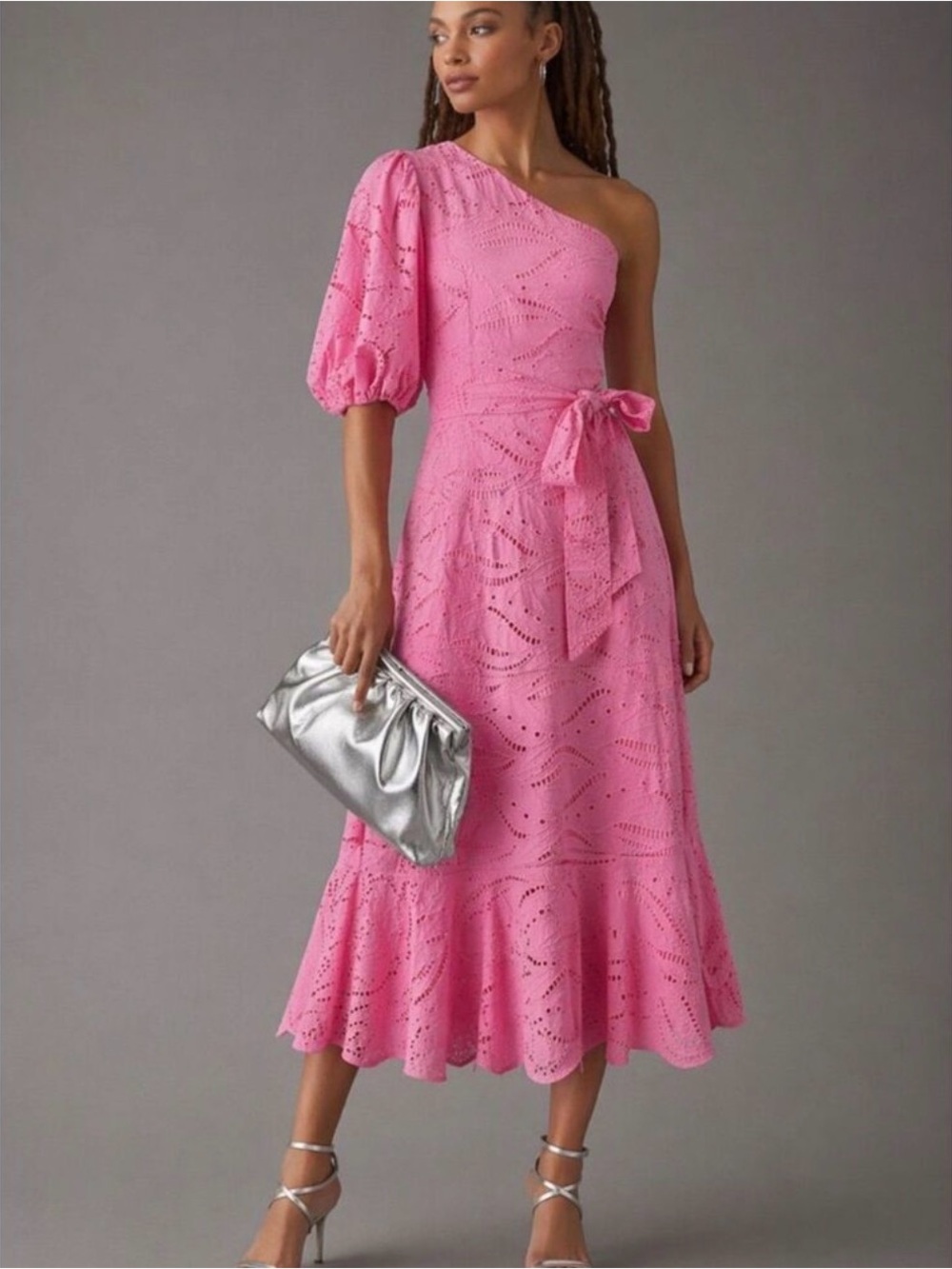 Gibson Latimer One-Shoulder Pink Eyelet Midi Dress with Waist Tie